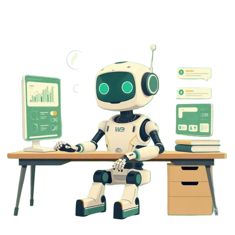 Agent AI robot lucrand la birou cu ecrane holografice, reprezentand automatizarea inteligenta pentru afaceri